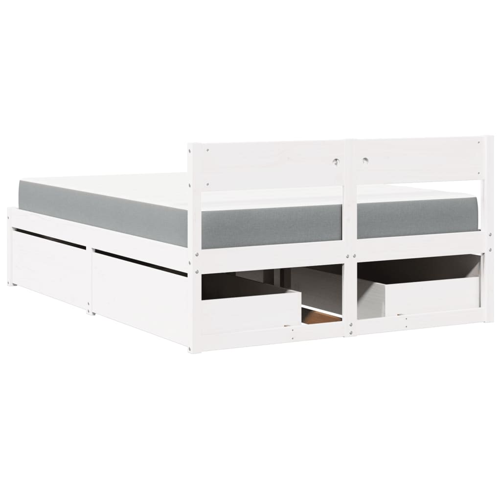 vidaXL Solid Pine Wood Small Double Bed with Drawers & Pocket Spring Mattress - White 120x190 cm - BEYRUN