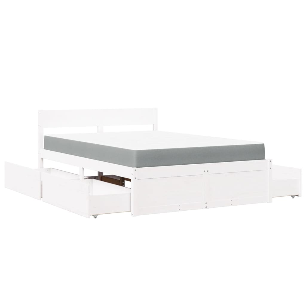 vidaXL Solid Pine Wood Small Double Bed with Drawers & Pocket Spring Mattress - White 120x190 cm - BEYRUN