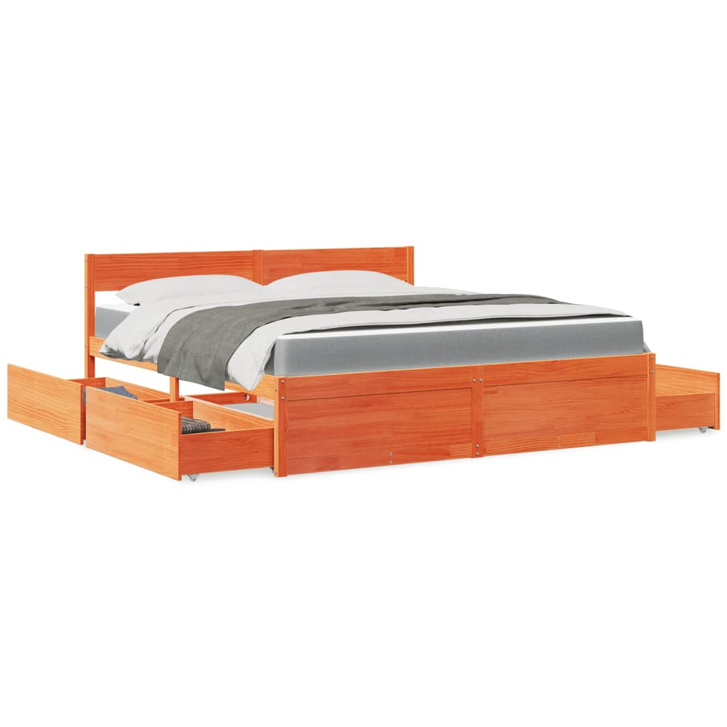 vidaXL Super King Solid Wood Pine Bed with Drawers & Mattress - Wax Brown, 180x200 cm - BEYRUN