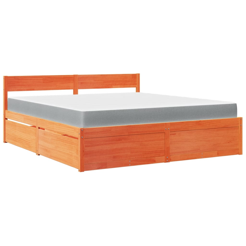 vidaXL Super King Solid Wood Pine Bed with Drawers & Mattress - Wax Brown, 180x200 cm - BEYRUN