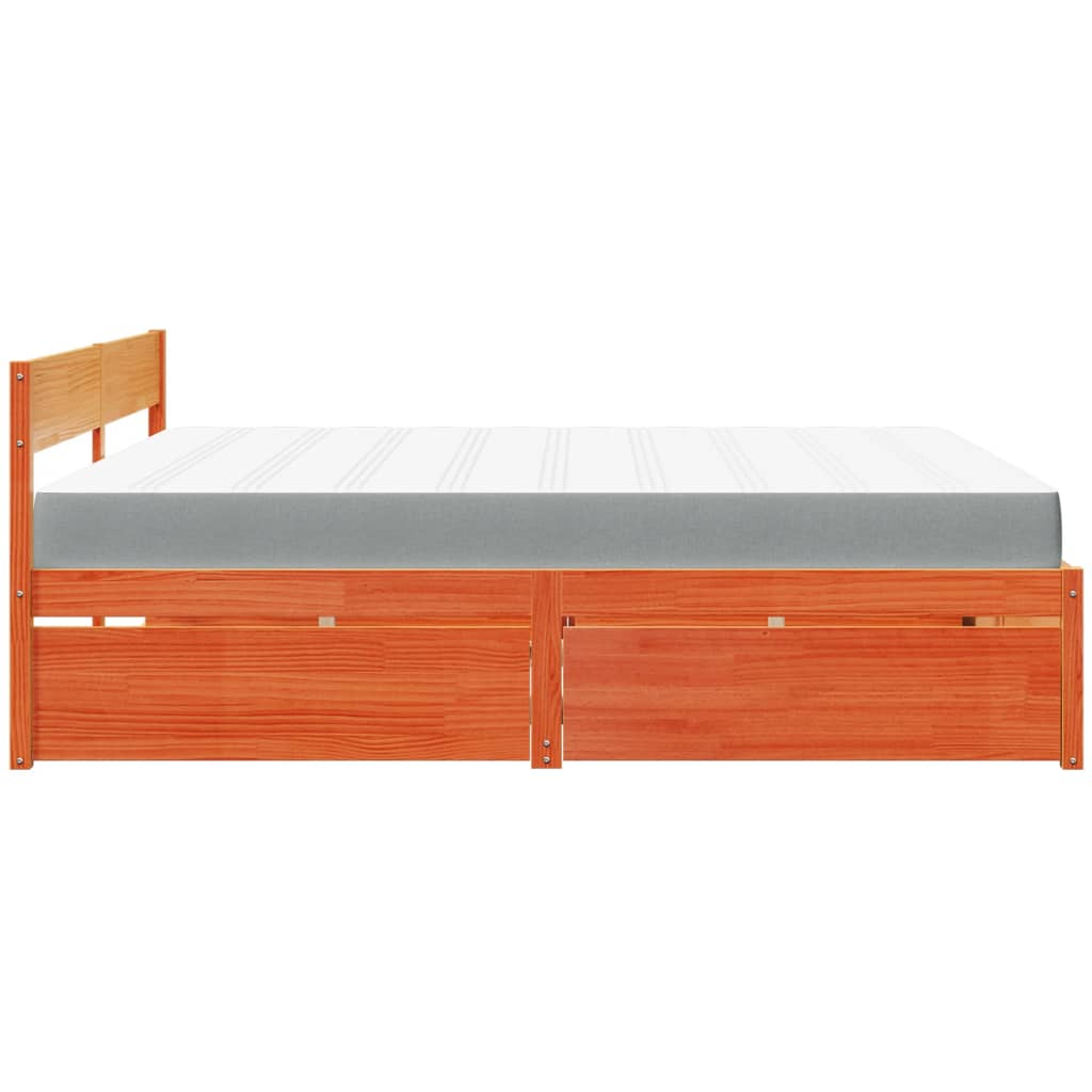 vidaXL Super King Solid Wood Pine Bed with Drawers & Mattress - Wax Brown, 180x200 cm - BEYRUN