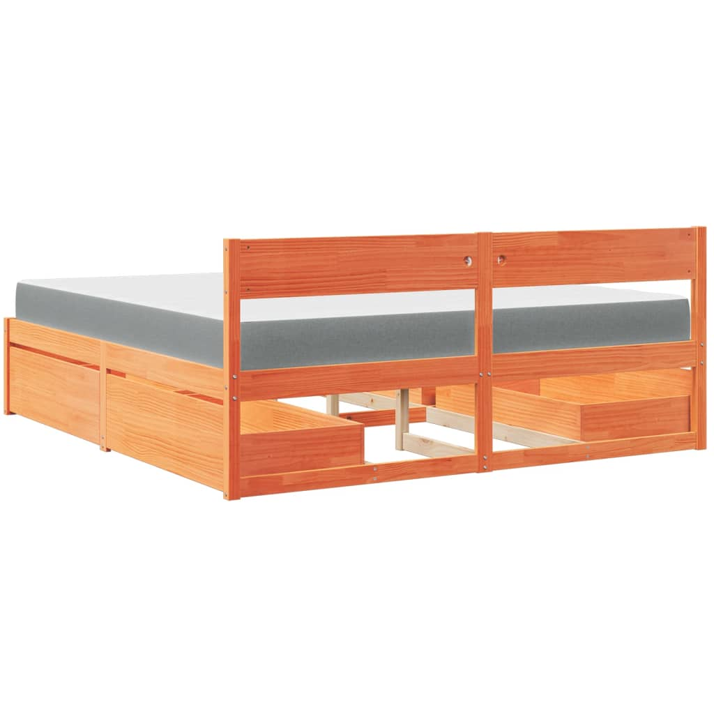 vidaXL Super King Solid Wood Pine Bed with Drawers & Mattress - Wax Brown, 180x200 cm - BEYRUN