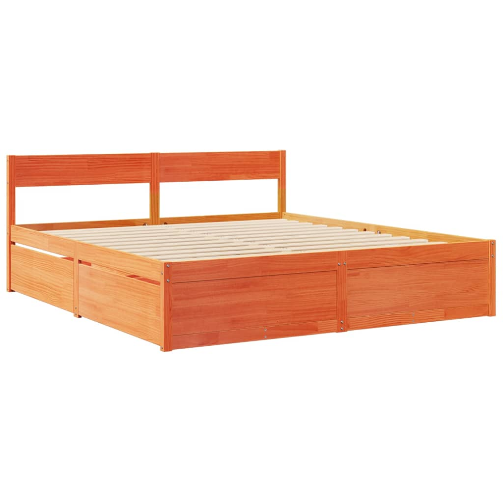 vidaXL Super King Solid Wood Pine Bed with Drawers & Mattress - Wax Brown, 180x200 cm - BEYRUN