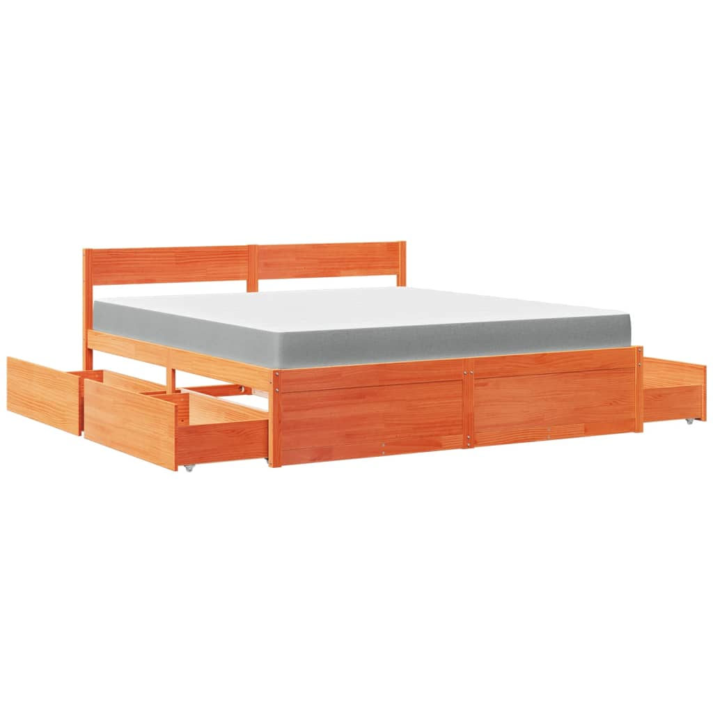 vidaXL Super King Solid Wood Pine Bed with Drawers & Mattress - Wax Brown, 180x200 cm - BEYRUN