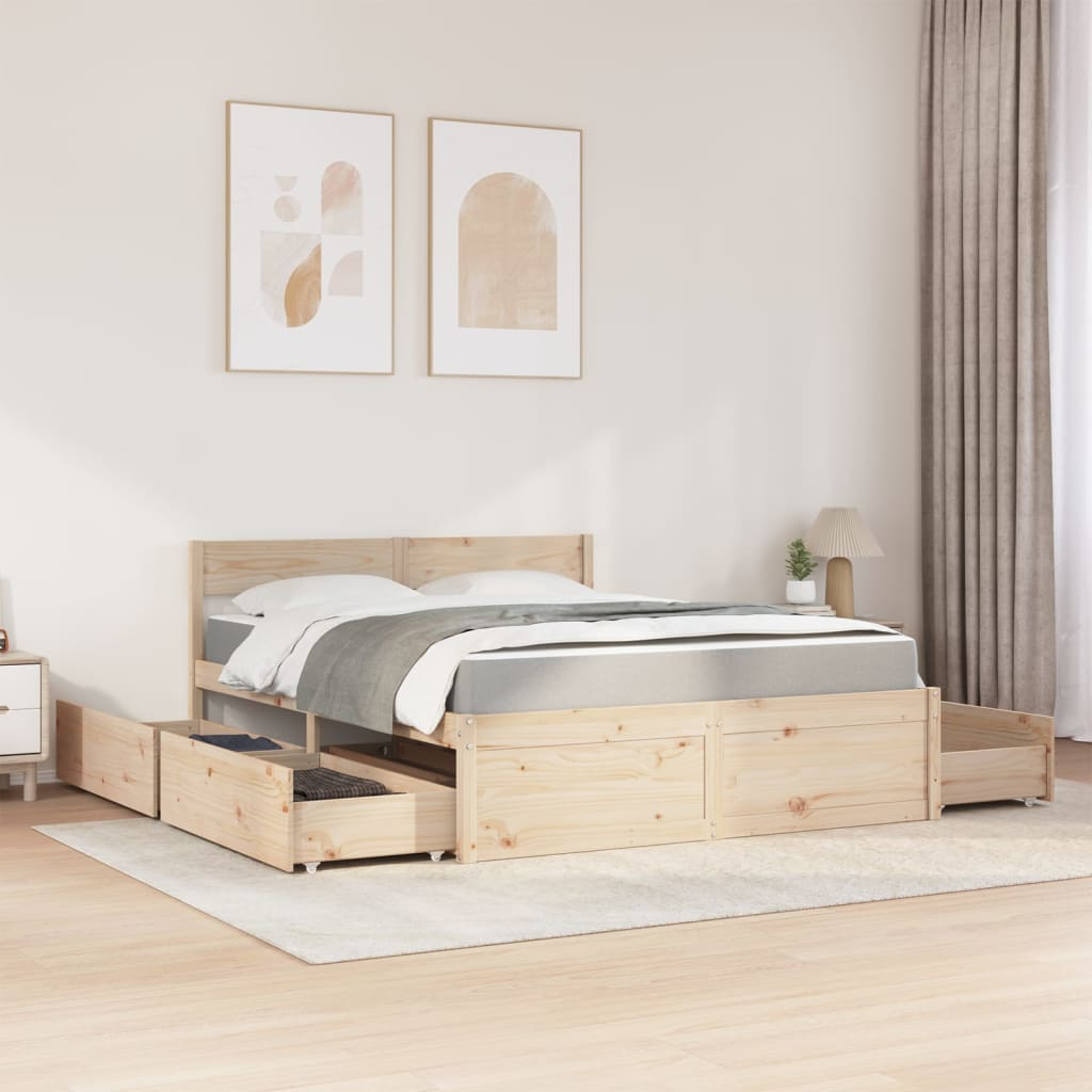 vidaXL Bed with Drawers and Mattress 160x200 cm - Solid Pine Wood, Storage Solution - BEYRUN