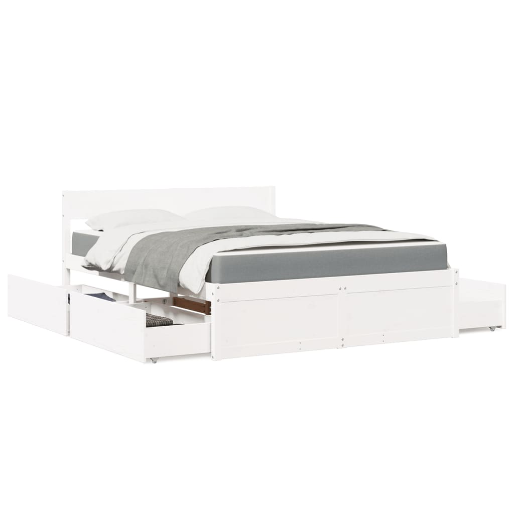 vidaXL Solid Wood Pine Bed with Drawers and Mattress - White 160x200 cm - BEYRUN