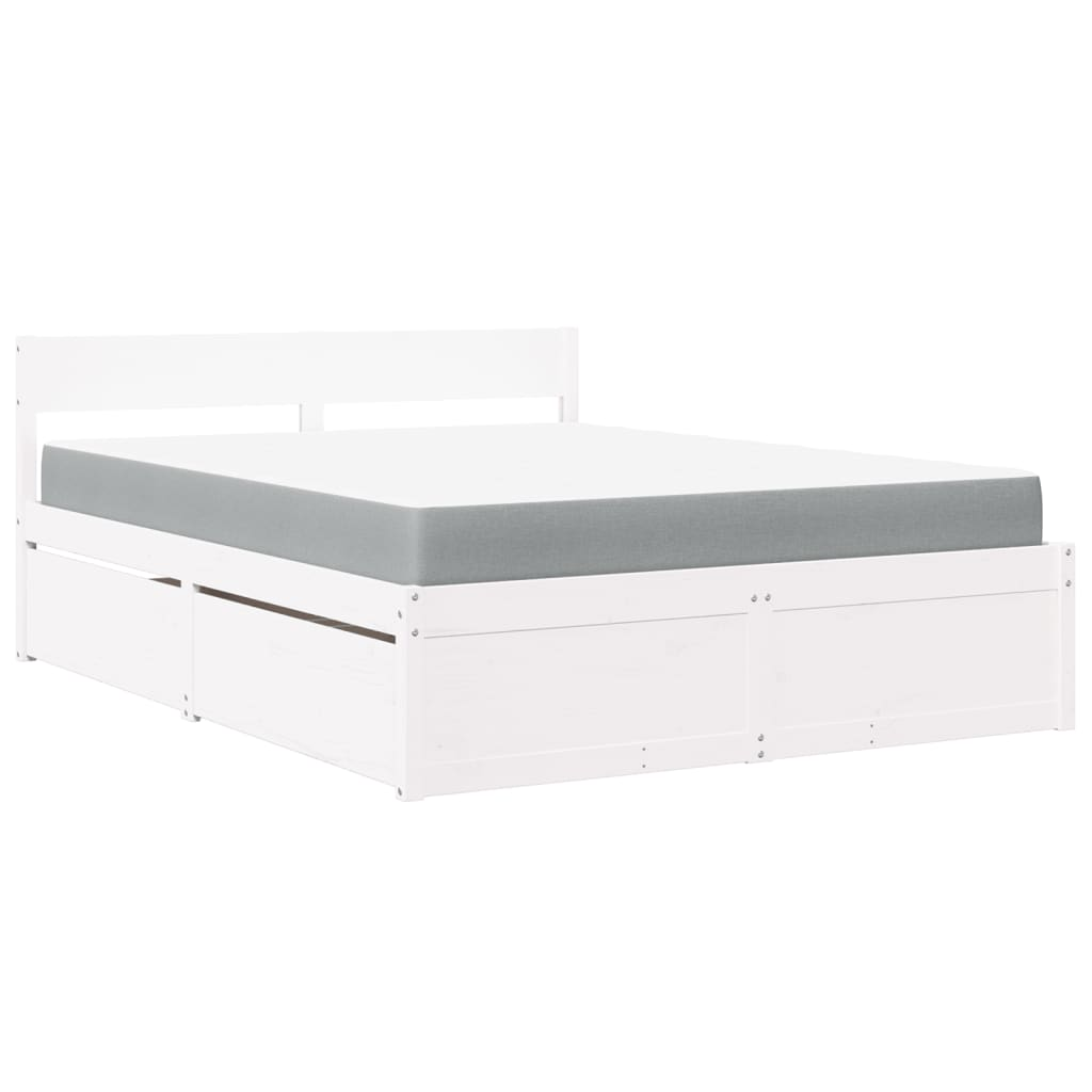 vidaXL Solid Wood Pine Bed with Drawers and Mattress - White 160x200 cm - BEYRUN