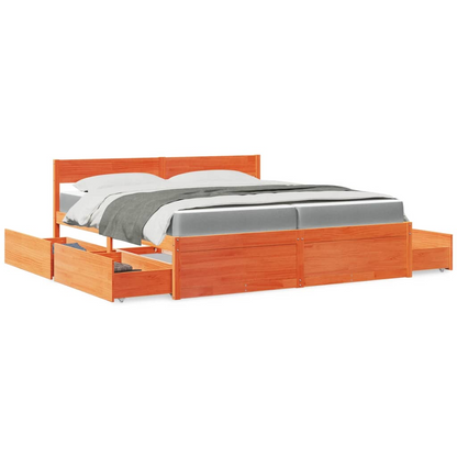 vidaXL Solid Pine Wood Bed with Drawers and Mattress Wax Brown 200x200 cm - BEYRUN