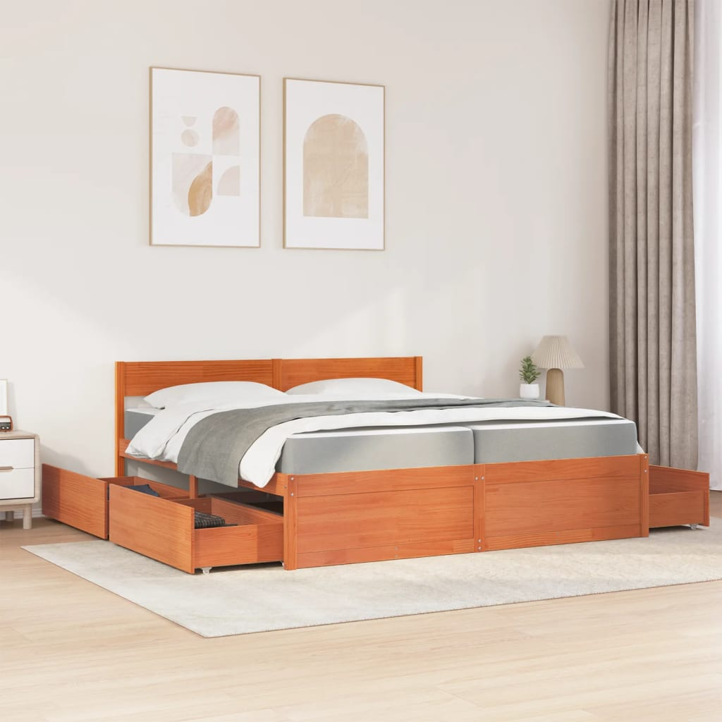 vidaXL Solid Pine Wood Bed with Drawers and Mattress Wax Brown 200x200 cm - BEYRUN