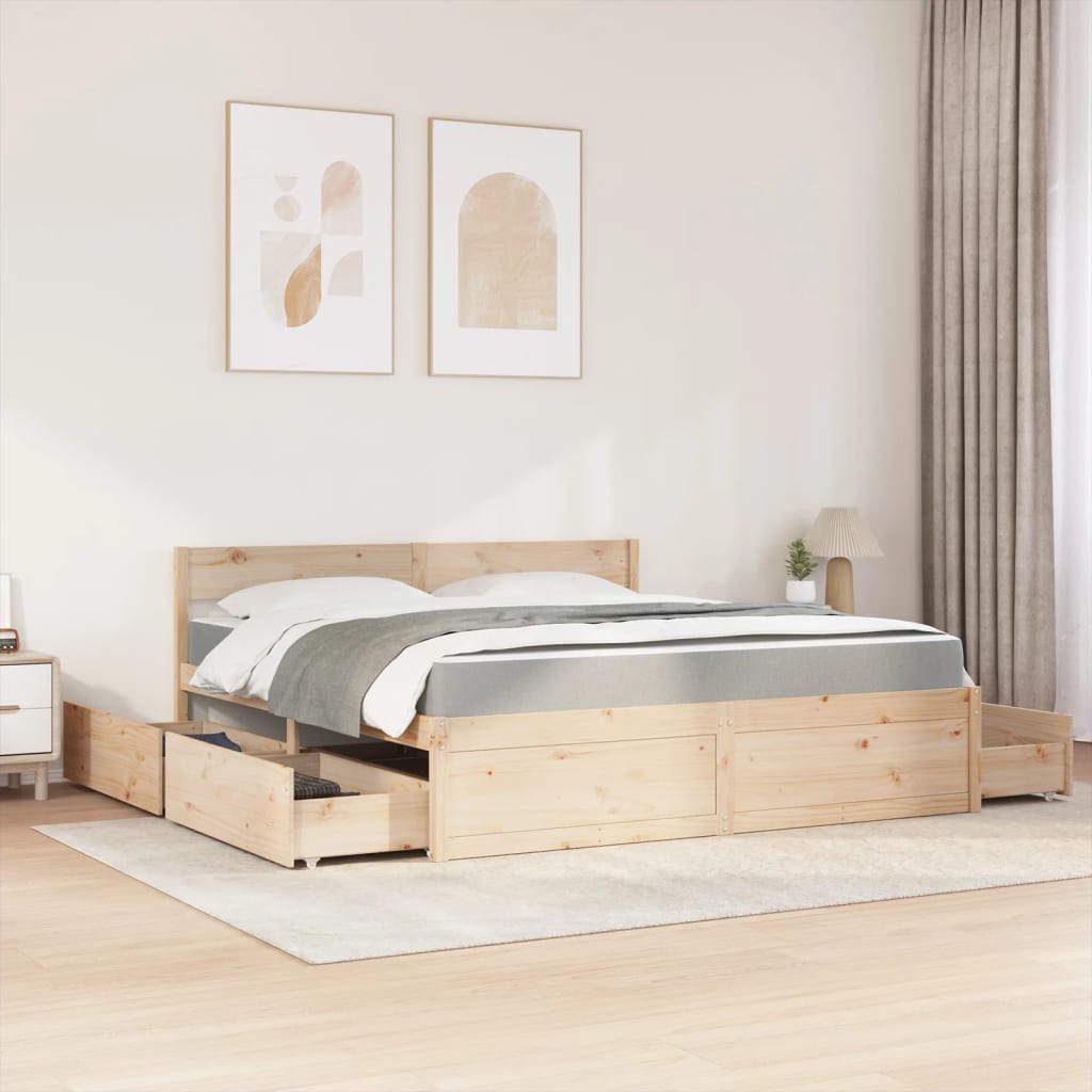 vidaXL Super King Bed with Drawers & Mattress 180x200 cm - Solid Pine Wood Finish - BEYRUN