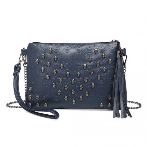 Miss Lulu Navy Soft PU Ultra-Lightweight Clutch Bag with Skull Embossing, Tassel Detail & Long Chain Shoulder Strap - BEYRUN