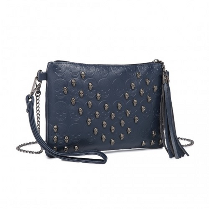 Miss Lulu Navy Soft PU Ultra-Lightweight Clutch Bag with Skull Embossing, Tassel Detail & Long Chain Shoulder Strap - BEYRUN