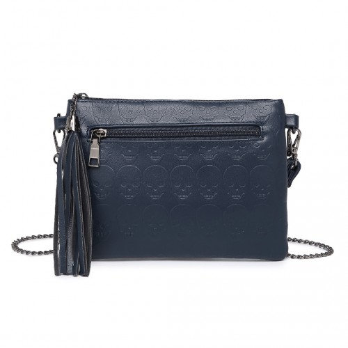 Miss Lulu Navy Soft PU Ultra-Lightweight Clutch Bag with Skull Embossing, Tassel Detail & Long Chain Shoulder Strap - BEYRUN