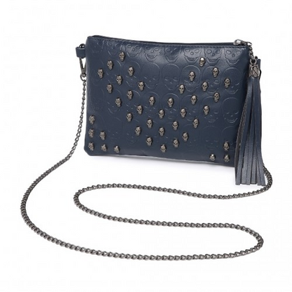 Miss Lulu Navy Soft PU Ultra-Lightweight Clutch Bag with Skull Embossing, Tassel Detail & Long Chain Shoulder Strap - BEYRUN