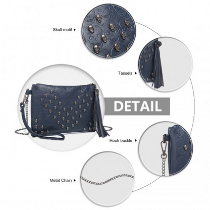 Miss Lulu Navy Soft PU Ultra-Lightweight Clutch Bag with Skull Embossing, Tassel Detail & Long Chain Shoulder Strap - BEYRUN