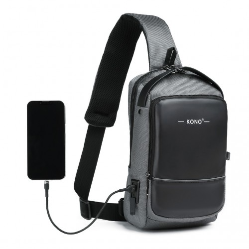 Kono Smart Sling Chest Bag with USB Charging Port - Lightweight Crossbody Backpack for Men & Women (Grey & Black) - BEYRUN