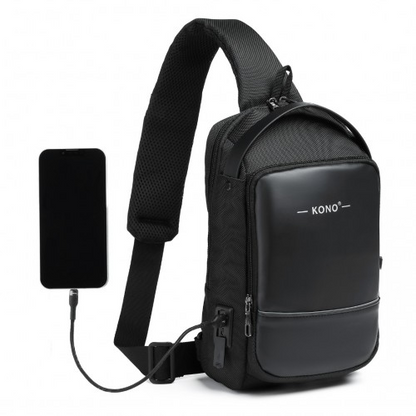 Kono Smart Sling Chest Bag with USB Charging Port - Lightweight Crossbody Backpack for Men & Women - Black - BEYRUN