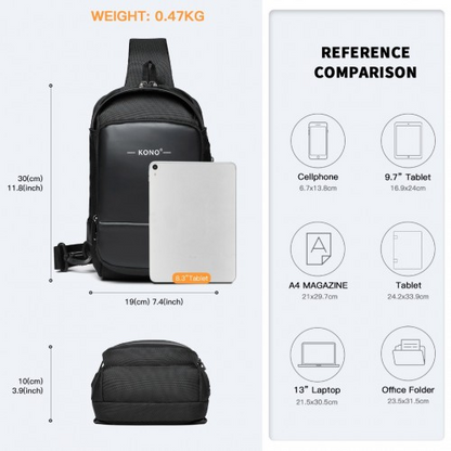 Kono Smart Sling Chest Bag with USB Charging Port - Lightweight Crossbody Backpack for Men & Women - Black - BEYRUN