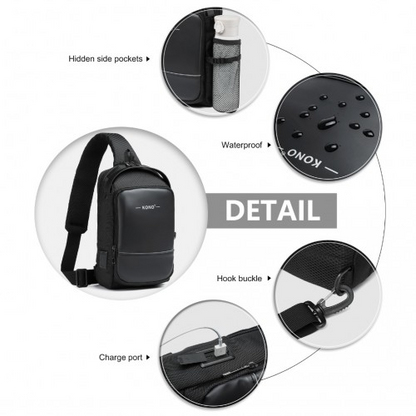 Kono Smart Sling Chest Bag with USB Charging Port - Lightweight Crossbody Backpack for Men & Women - Black - BEYRUN