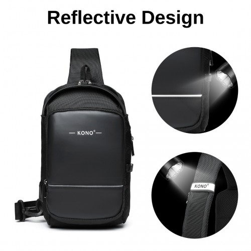 Kono Smart Sling Chest Bag with USB Charging Port - Lightweight Crossbody Backpack for Men & Women - Black - BEYRUN