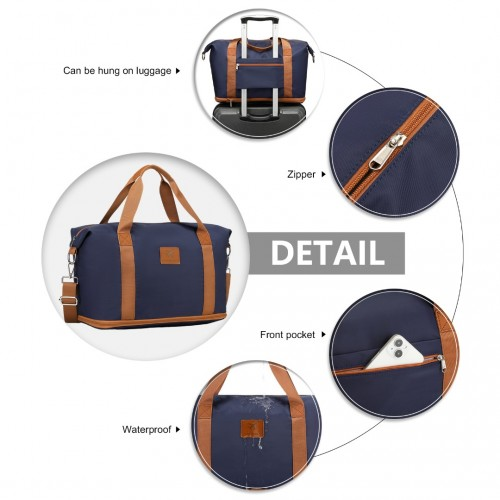 Expandable Water-Resistant Travel Tote Set with Cosmetic Pouch - 36L Navy And Brown Carry-On Duffel Bag - BEYRUN