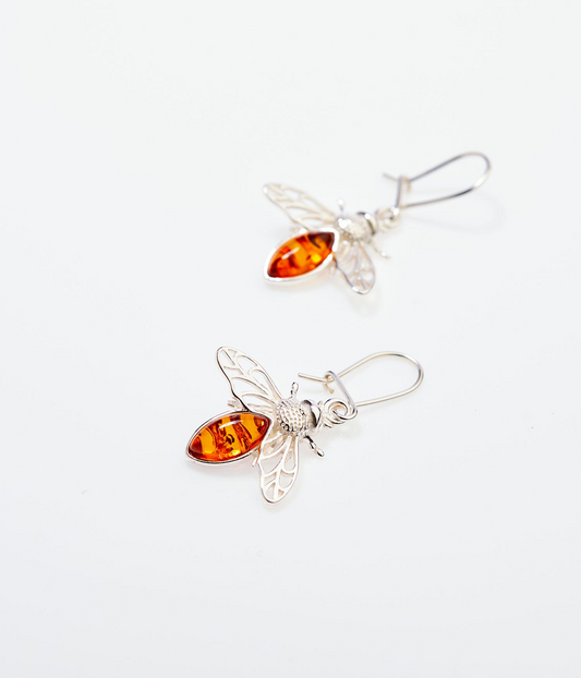 Amber Bee Earrings - Exquisite Baltic Amber & Sterling Silver