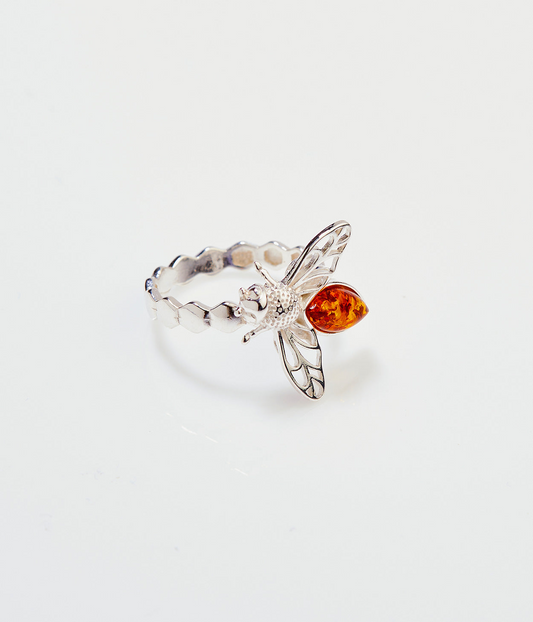 Amber Bee Ring - Genuine Baltic Amber & Sterling Silver - Unique Honeycomb Design