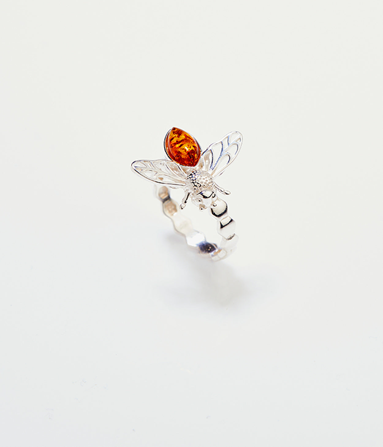 Amber Bee Ring - Genuine Baltic Amber & Sterling Silver - Unique Honeycomb Design