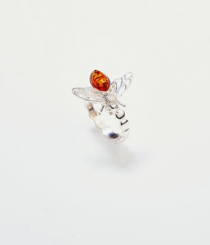 Amber Bee Ring - Genuine Baltic Amber & Sterling Silver - Unique Honeycomb Design