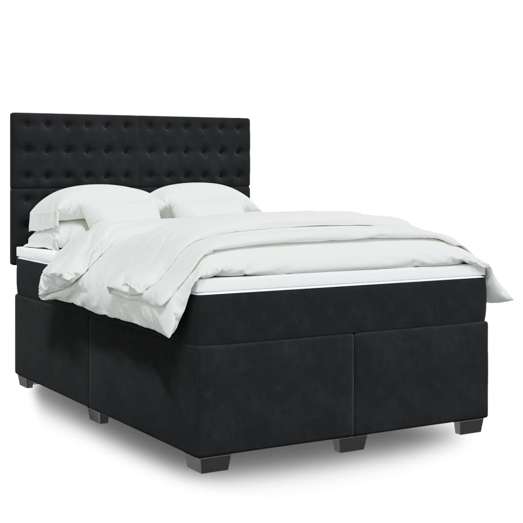 vidaXL Velvet Box Spring Bed with Mattress & Topper 140x190 cm - Black - BEYRUN