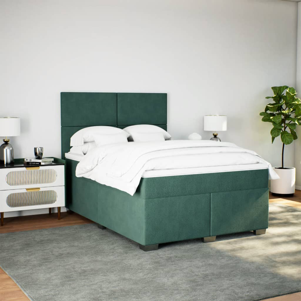 vidaXL Velvet Box Spring Bed with Mattress - Dark Green, 140x190 cm - BEYRUN