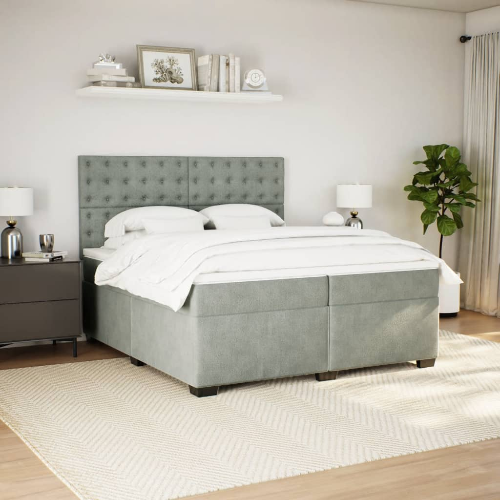 vidaXL Box Spring Bed with Mattress Light Grey Velvet - 200x200 cm - BEYRUN