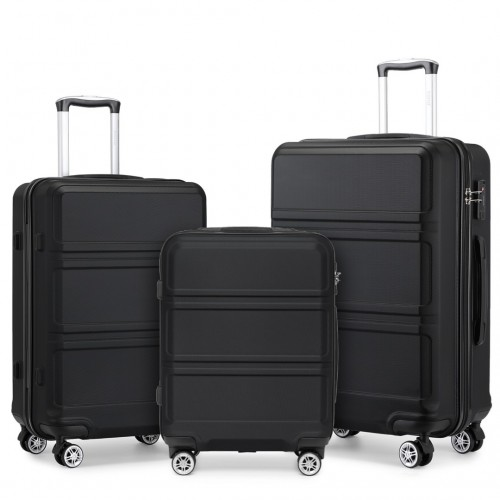 Kono ABS Sculpted Horizontal Design 3 Piece Suitcase Set - Black | Lightweight & Durable Luggage - BEYRUN