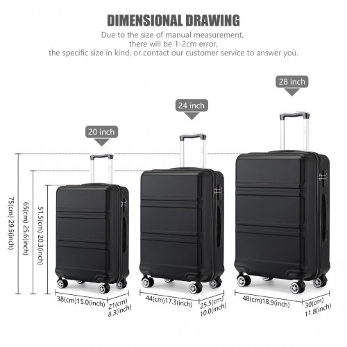 Kono ABS Sculpted Horizontal Design 3 Piece Suitcase Set - Black | Lightweight & Durable Luggage - BEYRUN