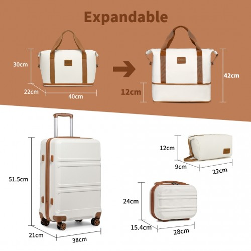 Kono ABS 4 Wheel Suitcase Set with Vanity Case, Weekend Bag & Toiletry Bag - Cream - BEYRUN