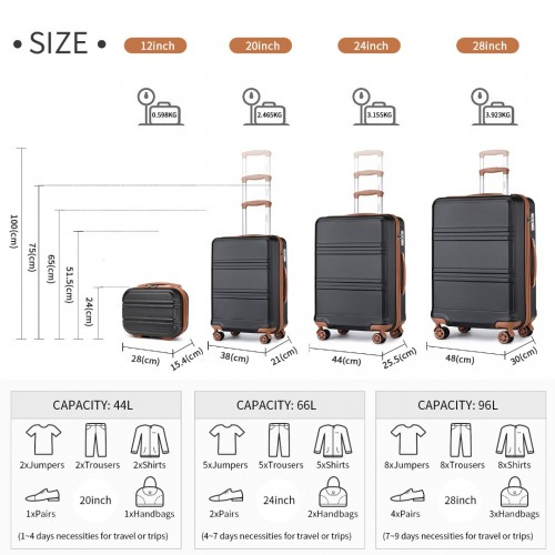 Kono ABS 4 Piece Luggage Set with Vanity Case - Black & Brown | Lightweight, Durable & TSA Approved - BEYRUN