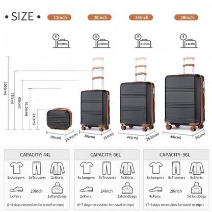 Kono ABS 4 Piece Luggage Set with Vanity Case - Black & Brown | Lightweight, Durable & TSA Approved - BEYRUN