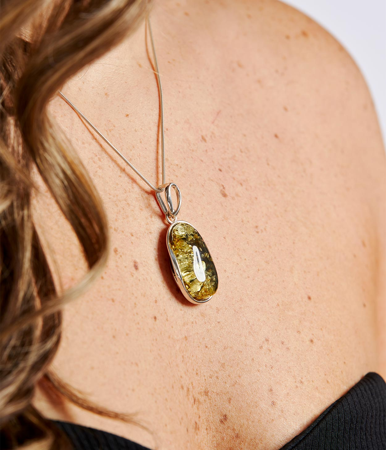 Green Tidal Pendant Necklace - Elegant Baltic Amber & Sterling Silver - BEYRUN