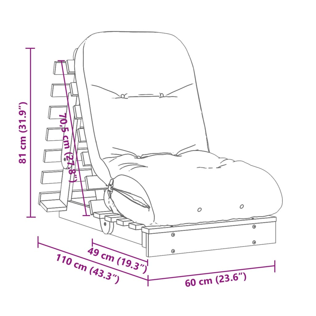 vidaXL Solid Wood Pine Futon Sofa Bed with Adjustable Backrest & Comfortable Foam Mattress - 60x206x11 cm - BEYRUN