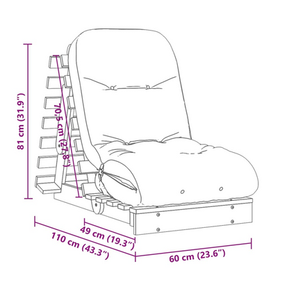 vidaXL Solid Wood Pine Futon Sofa Bed with Adjustable Backrest & Comfortable Foam Mattress - 60x206x11 cm - BEYRUN