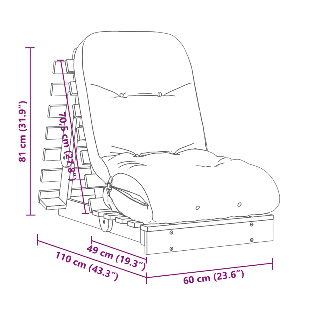 vidaXL Futon Sofa Bed with Mattress - White Pine Wood, Adjustable Backrest, 60x206x11 cm - BEYRUN