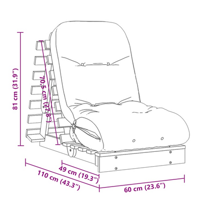 vidaXL Futon Sofa Bed with Mattress - White Pine Wood, Adjustable Backrest, 60x206x11 cm - BEYRUN