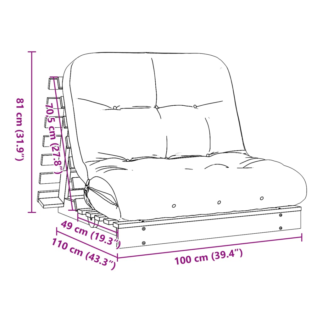 vidaXL Solid Pine Wood Futon Sofa Bed with Grey Mattress, Adjustable Backrest, 100x206 cm - BEYRUN