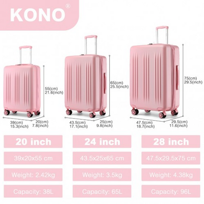 Kono 3 Piece Luggage Set 20/24/28 Inch Sleek Striped Expandable ABS+PC Suitcase With TSA Lock And Four Spinner Wheels - Pink - BEYRUN