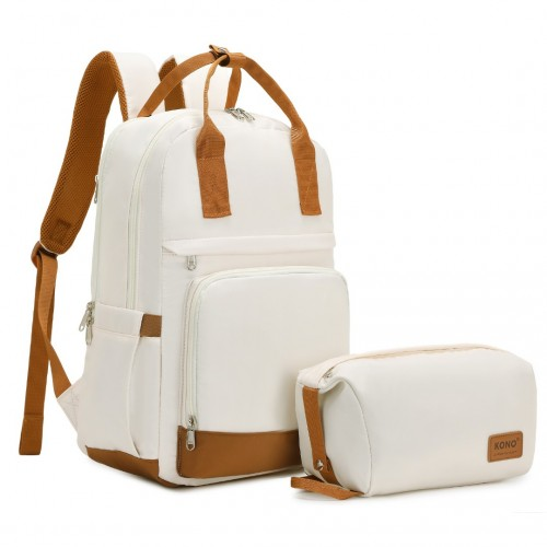 EQ2401 - Kono Multi-Compartment Laptop Backpack with Type-C USB Charging Port and Small Pouch for Daily Commute and Travel - Cream And Brown - BEYRUN