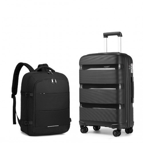 K2092L-Kono 20'' Hard Shell PP Suitcase Set & EM2232 Backpack Set - Black - BEYRUN