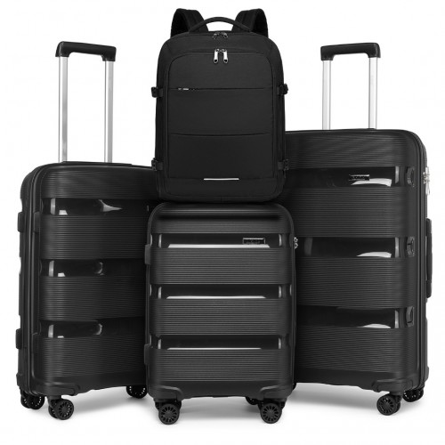 Kono 4-Piece Travel Set: 20-24-28 Inch Hard Shell Suitcases + EM2232 Backpack - Black - BEYRUN