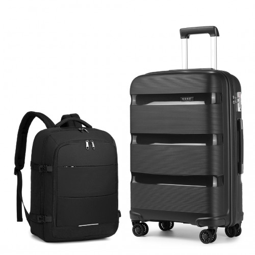 Kono 24'' Hard Shell PP Suitcase Set and EM2232 Backpack Set - Black - Durable Travel Combo - BEYRUN