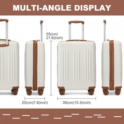 Kono 20-Inch Sleek Striped Carry-On Suitcase - Durable ABS+PC, Spinner Wheels, TSA Lock - Cream & Brown - BEYRUN