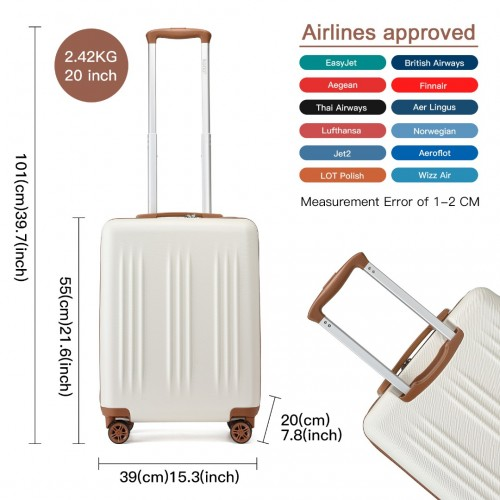 Kono 20-Inch Sleek Striped Carry-On Suitcase - Durable ABS+PC, Spinner Wheels, TSA Lock - Cream & Brown - BEYRUN